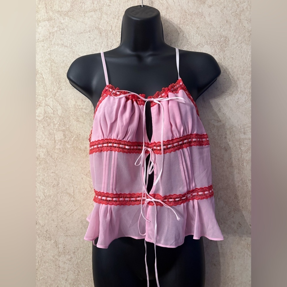 Kimchi Blue Pink and Red Sheer Camisole Top(Pit to pit 18” Length  10”) - Picture 2 of 8